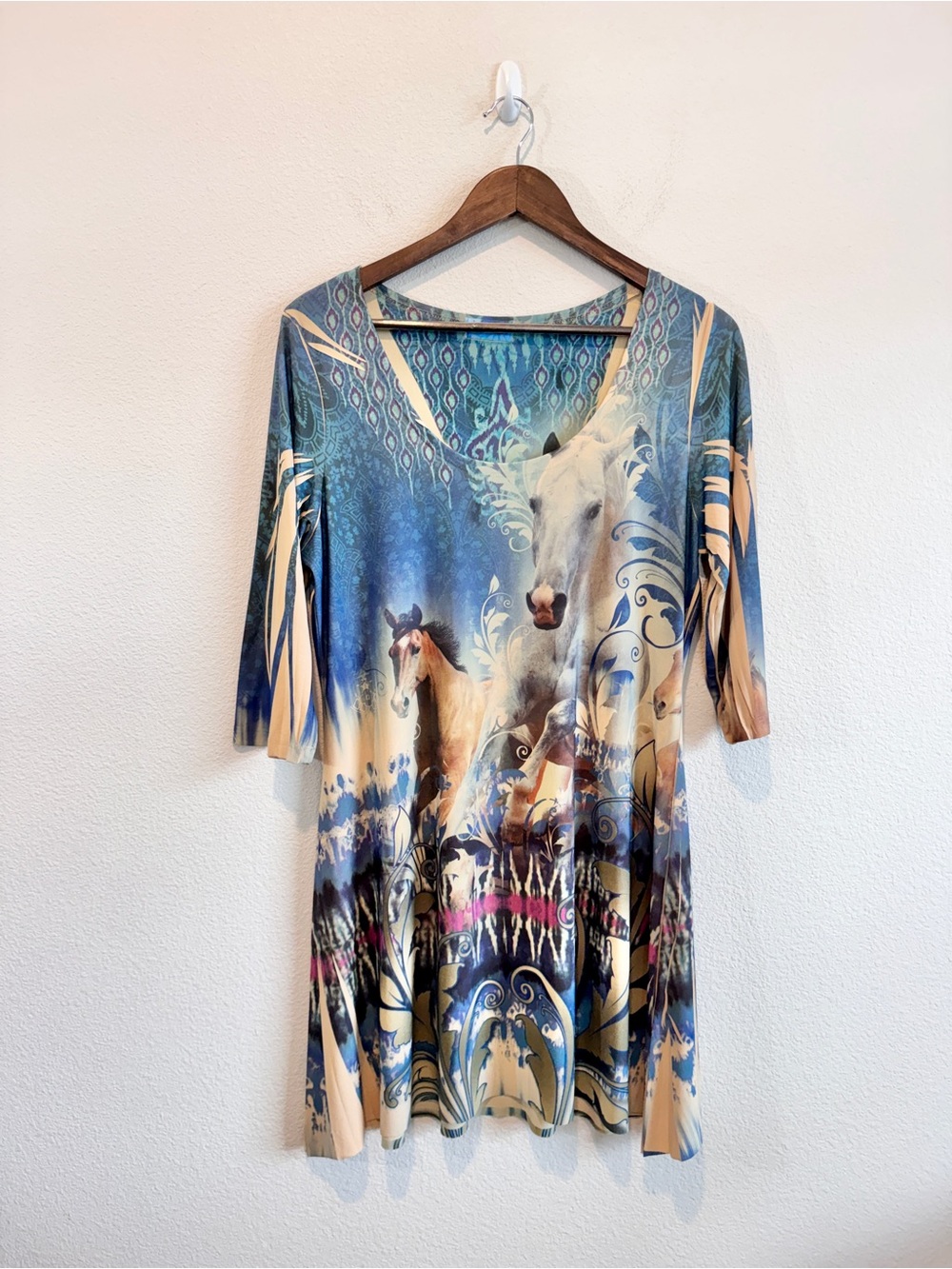 Whimsigoth Fairycore Horse Print Tunic Top Boho Western Cottagecore XL Blue E97